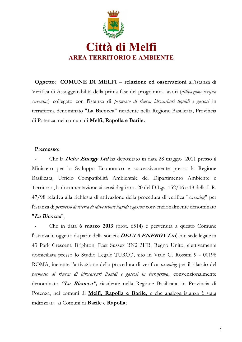 Città Di Melfi AREA TERRITORIO E AMBIENTE