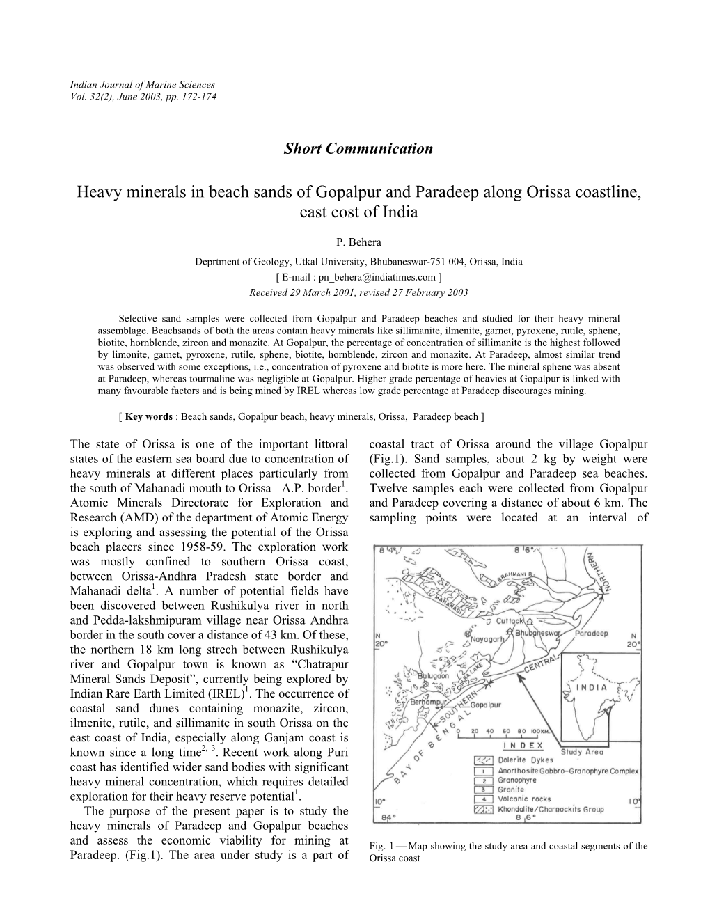 Heavy Minerals in Beach Sands of Gopalpur and Paradeep Along Orissa Coastline, East Cost of India