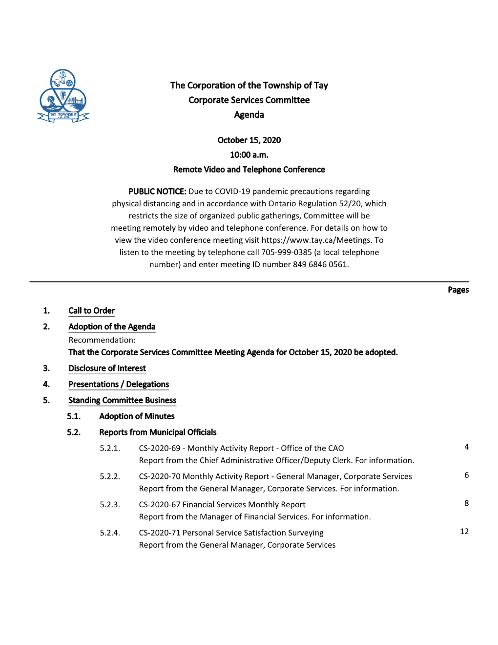 Corporate Services Committee Agenda