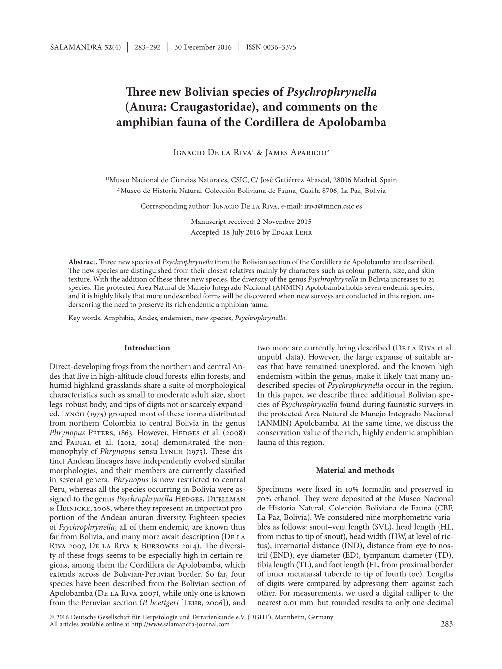 Three New Bolivian Species of Psychrophrynella (Anura: Craugastoridae), and Comments on the Amphibian Fauna of the Cordillera De Apolobamba