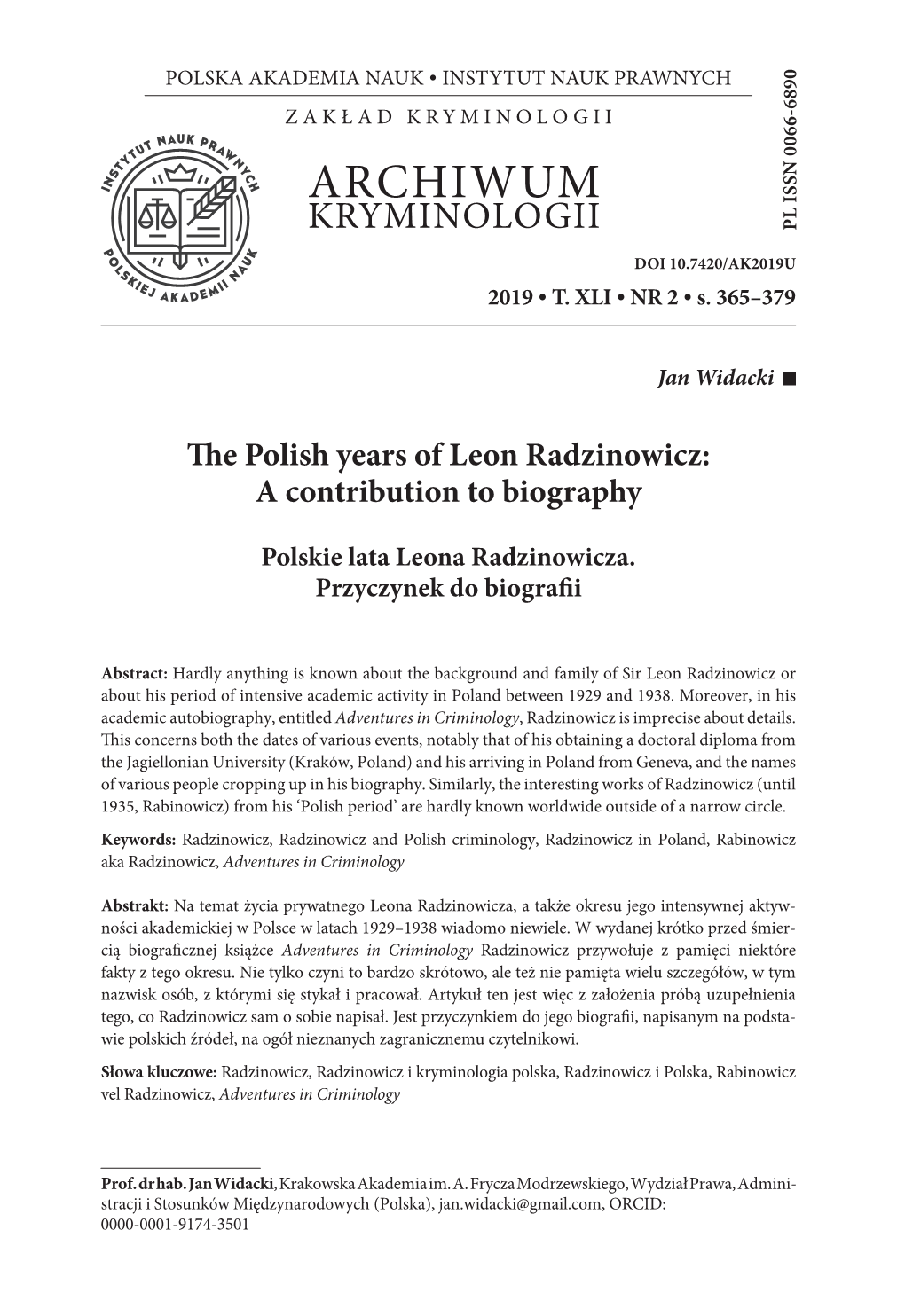 The Polish Years of Leon Radzinowicz. a Contribution to Biography