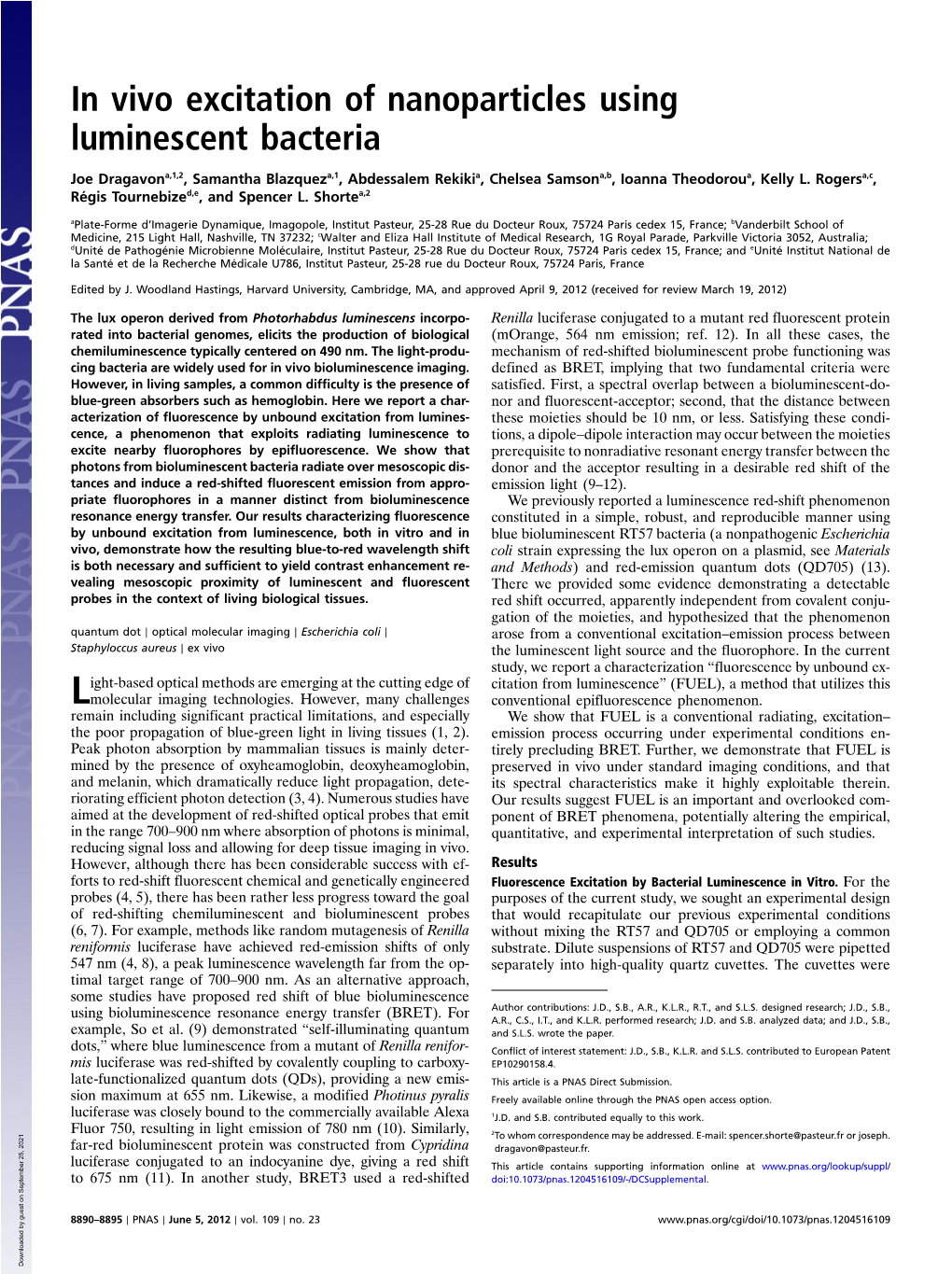 In Vivo Excitation of Nanoparticles Using Luminescent Bacteria