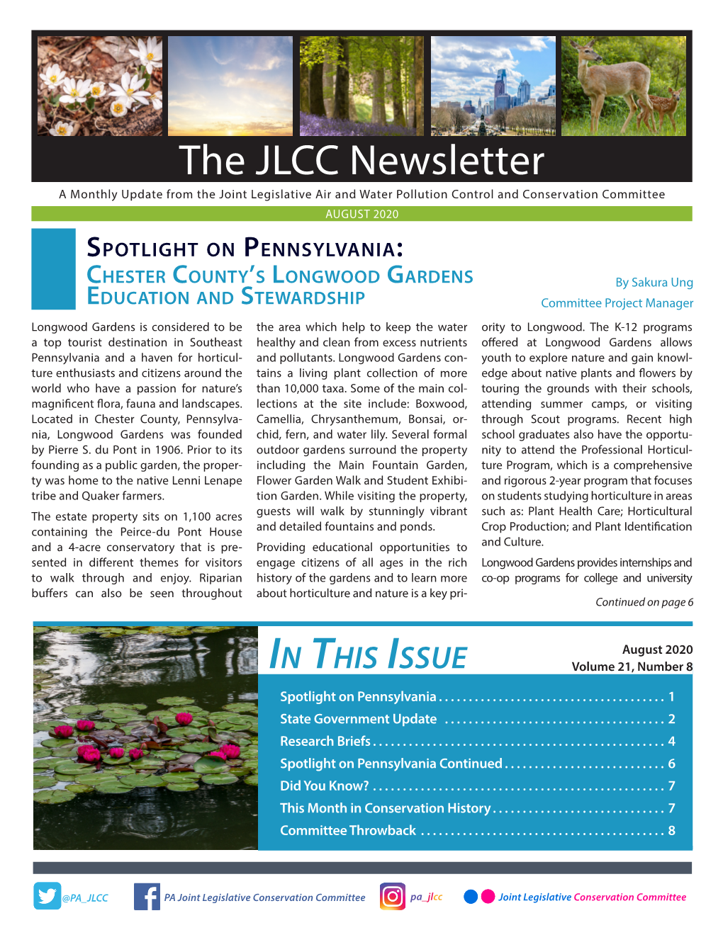 The JLCC Newsletter a Monthly Update from the Joint Legislative Air and Water Pollution Control and Conservation Committee AUGUST 2020 Spotlight on Pennsylvania