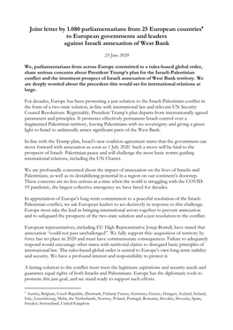 Joint Letter by 1.080 Parliamentarians from 25 European Countries to European Governments and Leaders Against Israeli Annexation of West Bank