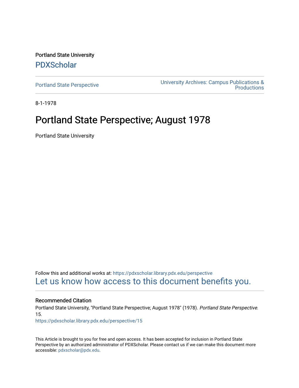 Portland State Perspective; August 1978