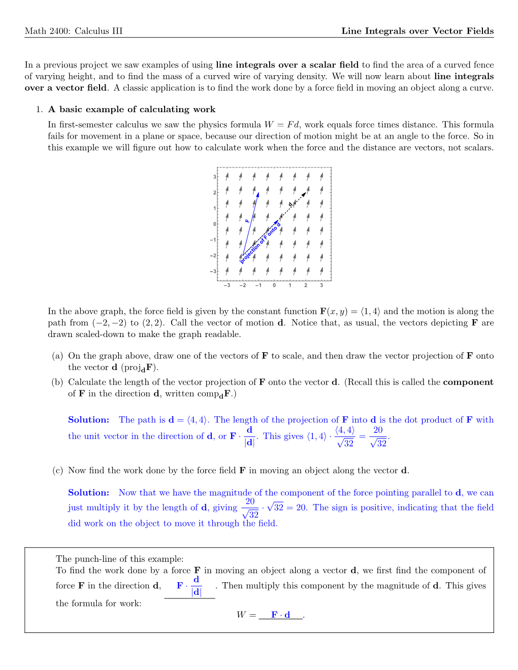 Solutions to Line Integrals Over Vector Fields Activity