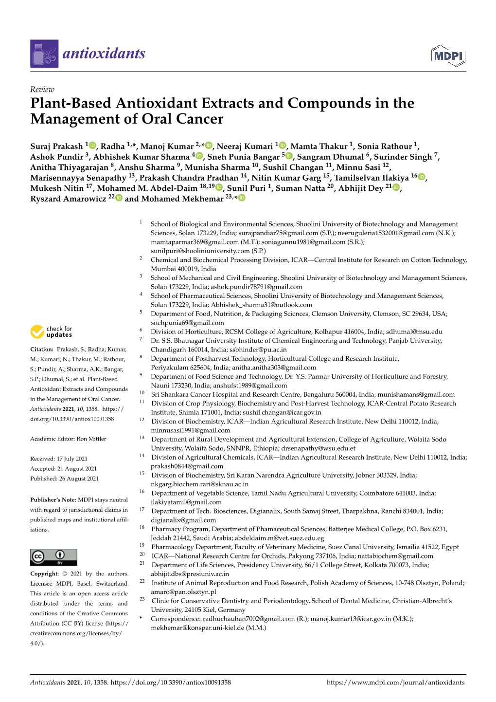 Plant-Based Antioxidant Extracts and Compounds in the Management of Oral Cancer