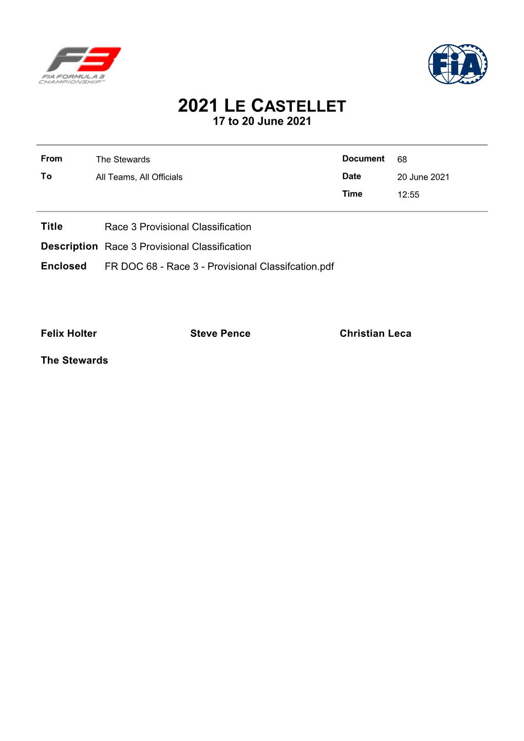 Provisional Classification Description Race 3 Provisional Classification Enclosed FR DOC 68 - Race 3 - Provisional Classifcation.Pdf