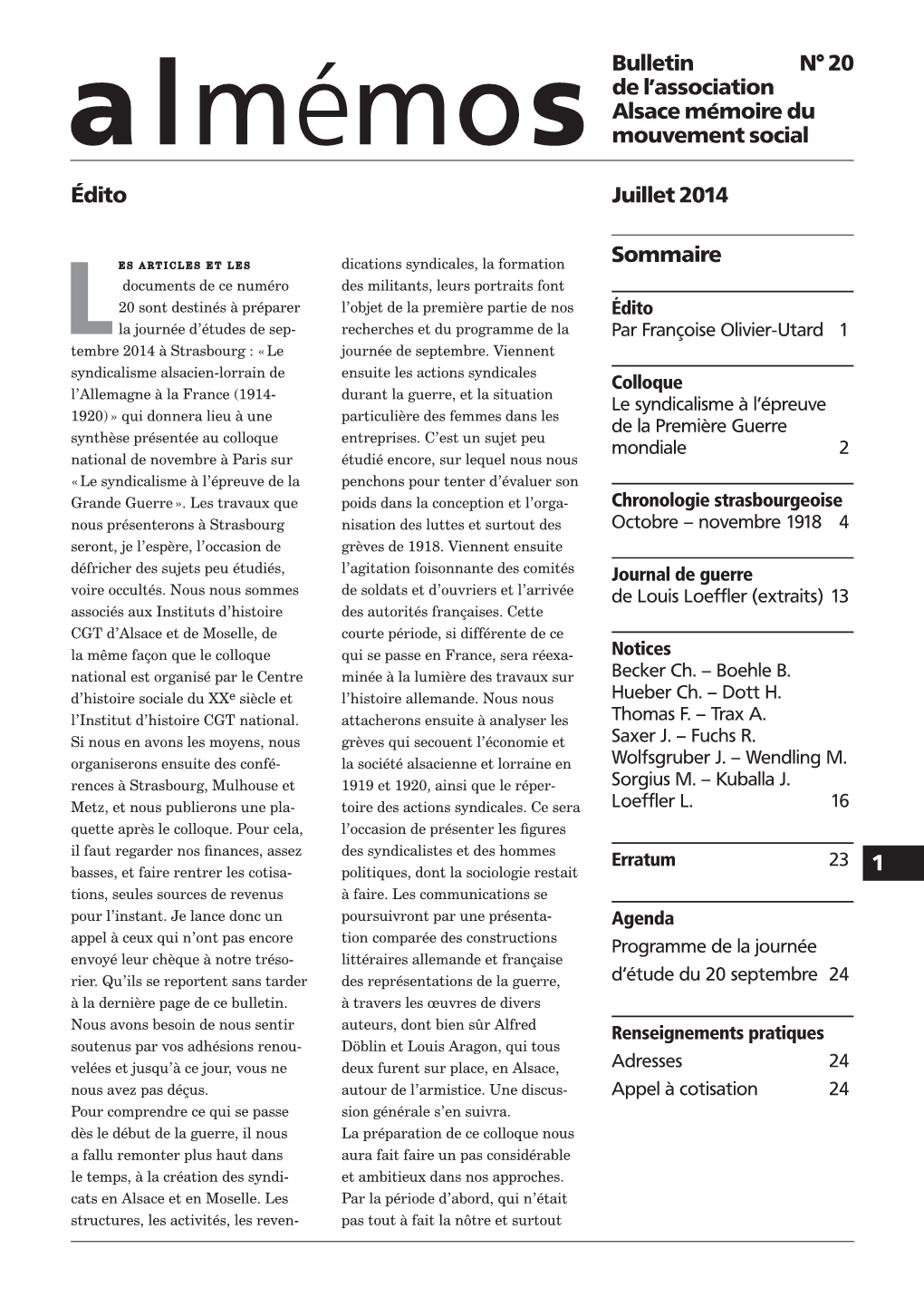 Sommaire Bulletin N° 20 De L'association Alsace Mémoire Du