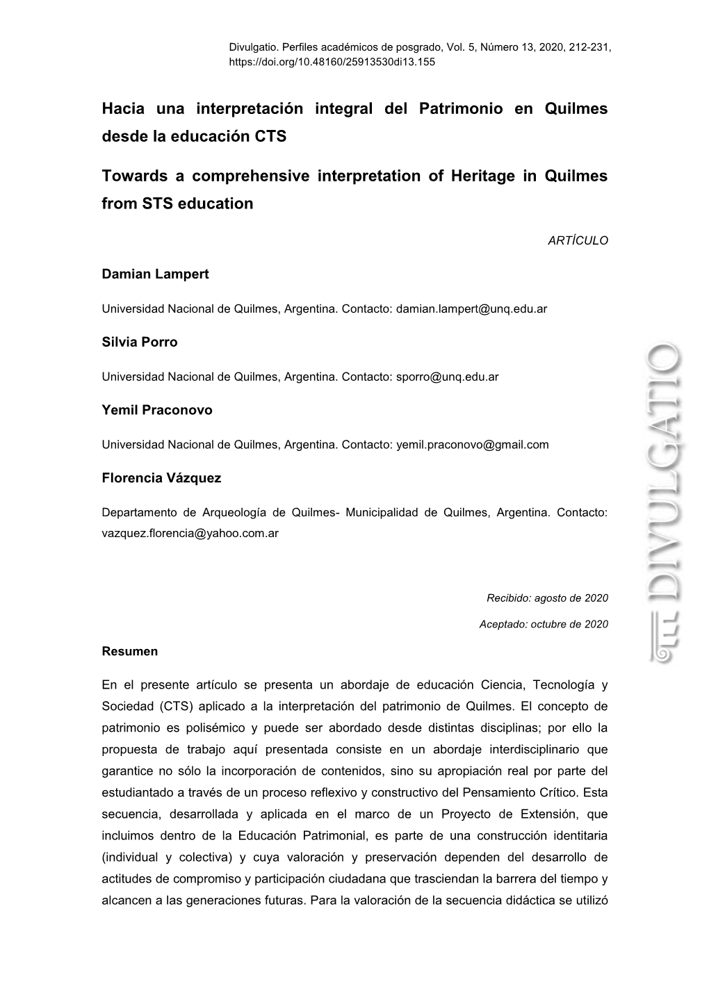 Hacia Una Interpretación Integral Del Patrimonio En Quilmes Desde La Educación CTS