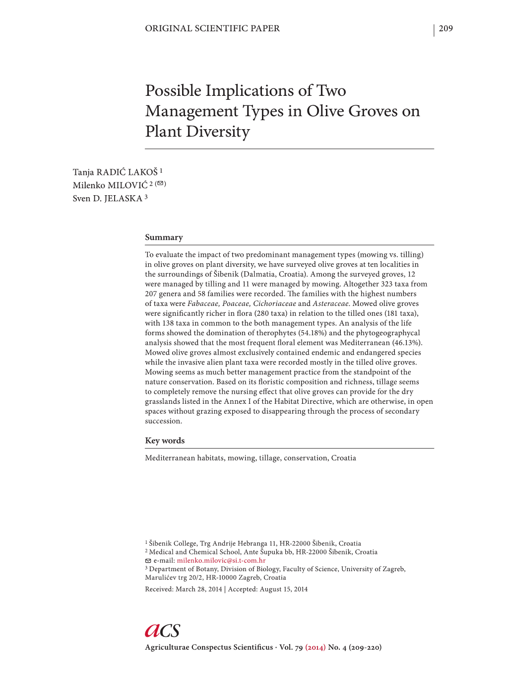 Possible Implications of Two Management Types in Olive Groves on Plant Diversity