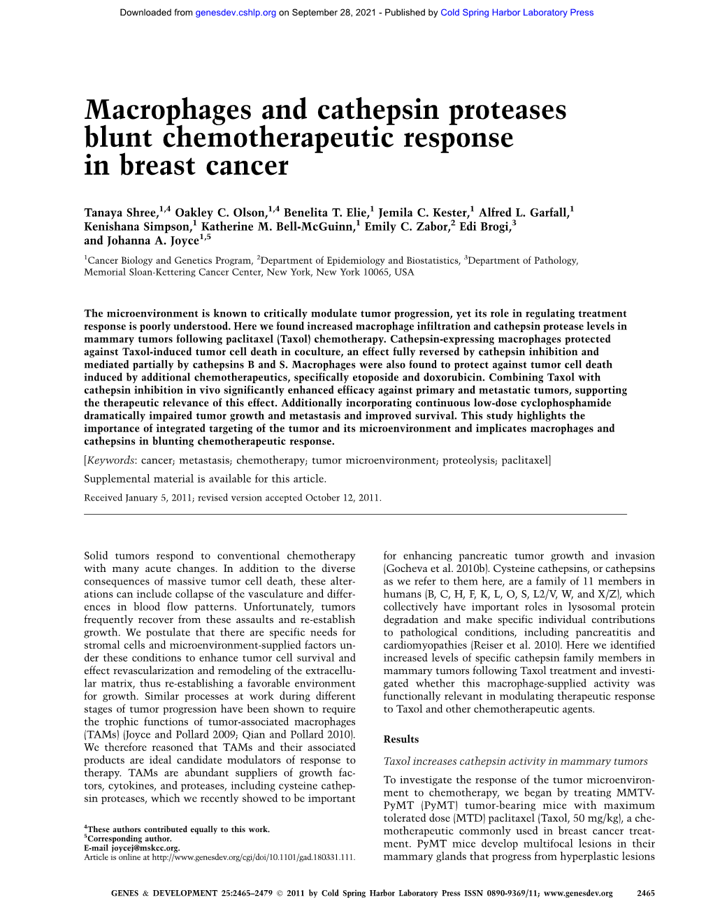 Macrophages and Cathepsin Proteases Blunt Chemotherapeutic Response in Breast Cancer