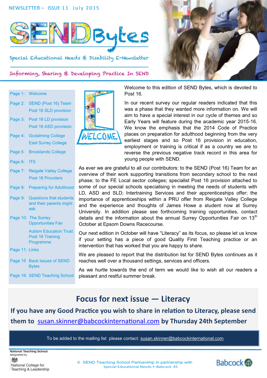 Focus for Next Issue — Literacy