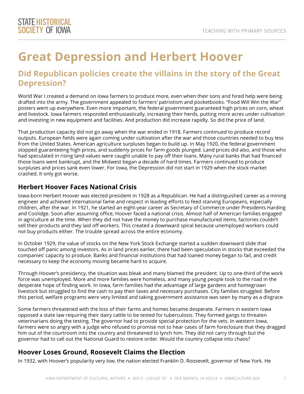 Great Depression and Herbert Hoover Did Republican Policies Create the Villains in the Story of the Great Depression?