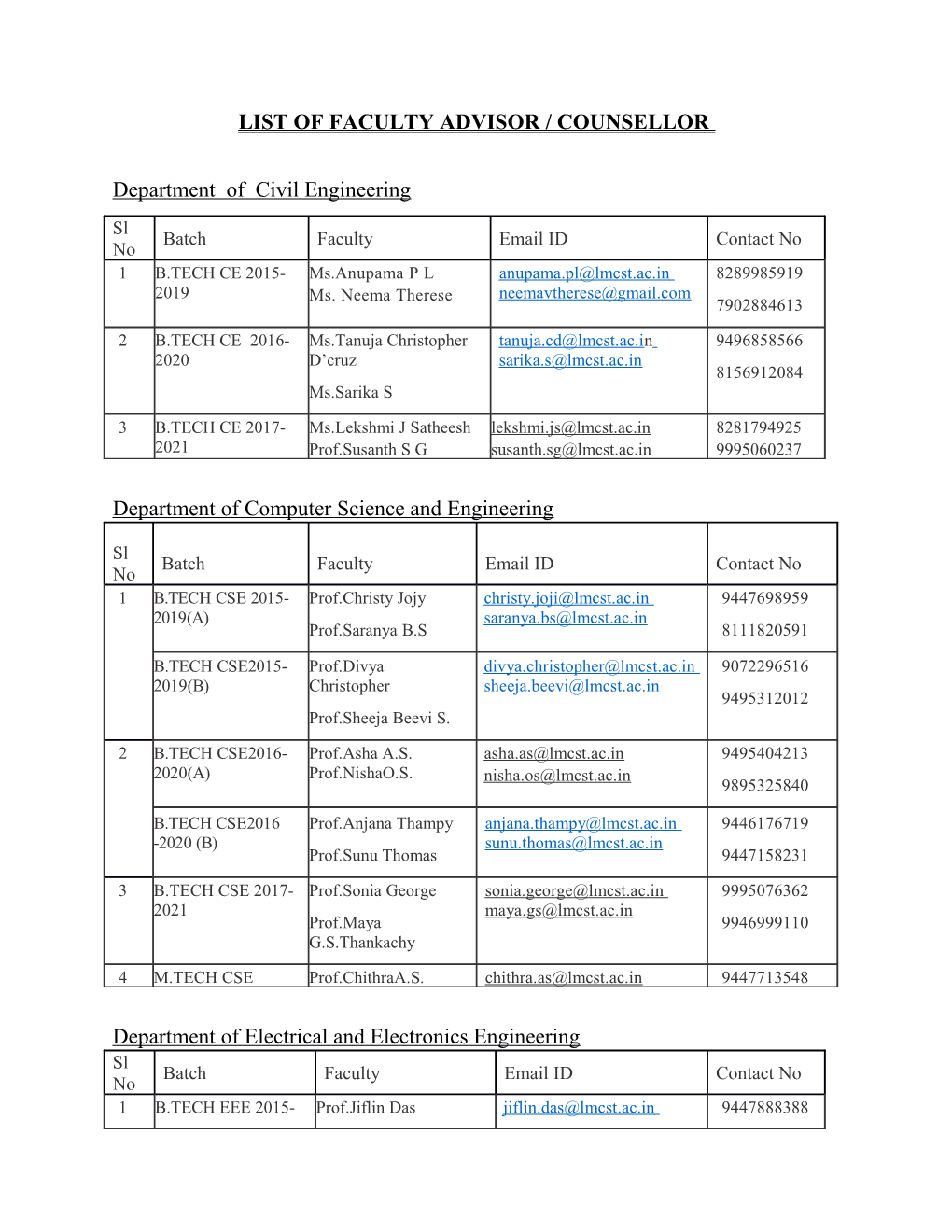 List of Faculty Advisor / Counsellor