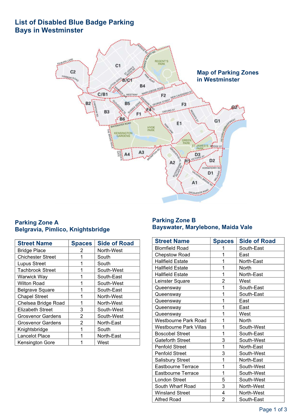 List of Disabled Blue Badge Parking Bays in Westminster