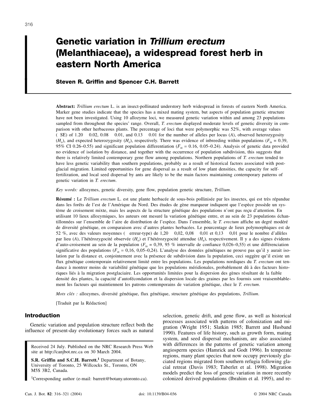Genetic Variation in Trillium Erectum (Melanthiaceae), a Widespread Forest Herb in Eastern North America