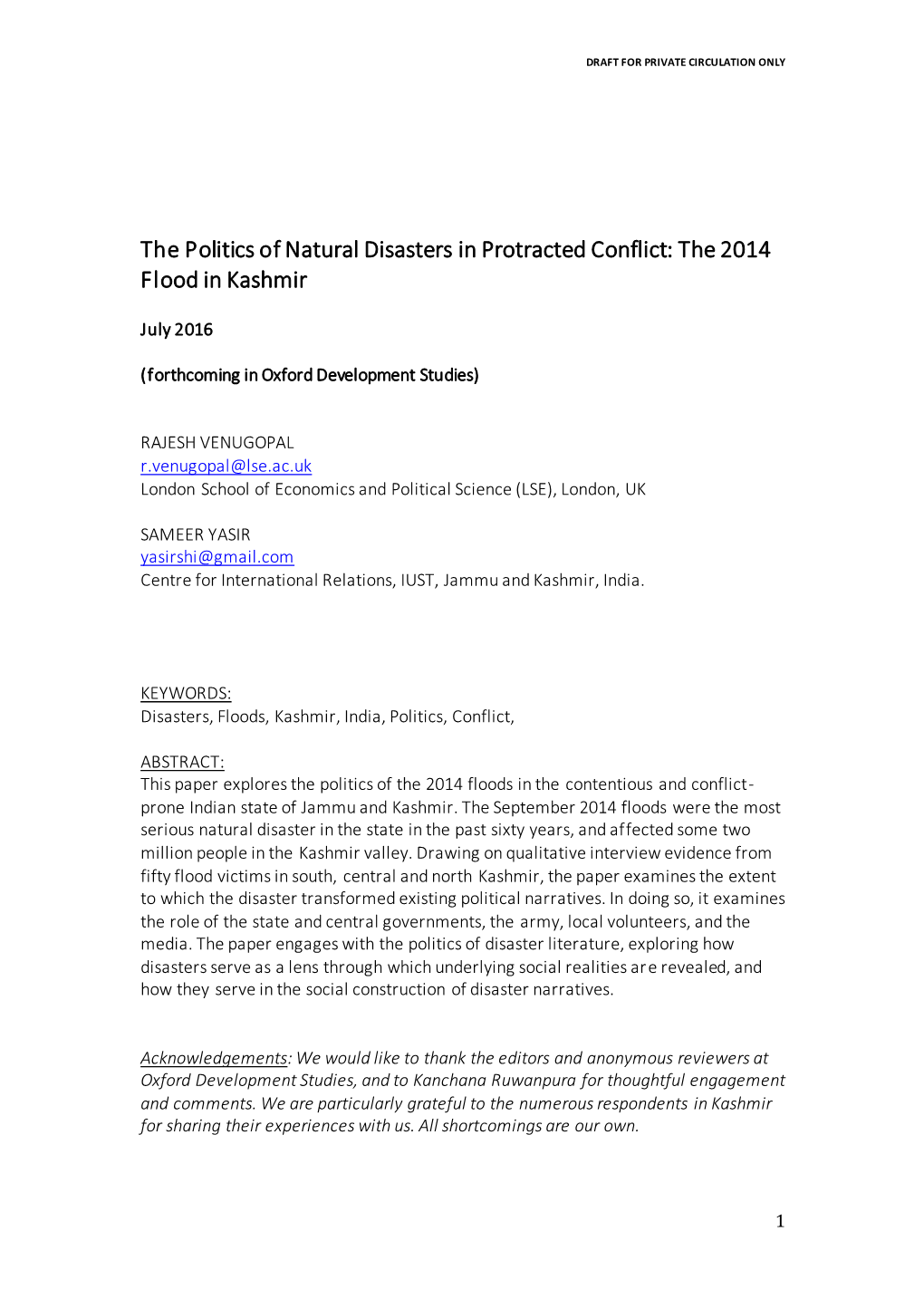 The Politics of Natural Disasters in Protracted Conflict: the 2014 Flood in Kashmir