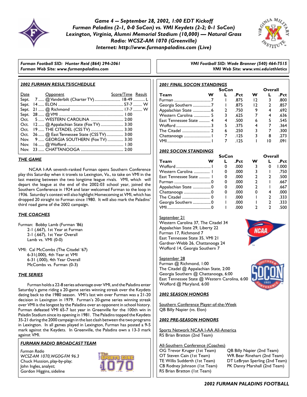 Game 4 -- September 28, 2002, 1:00 EDT Kickoff Furman Paladins (2-1, 0-0 Socon) Vs