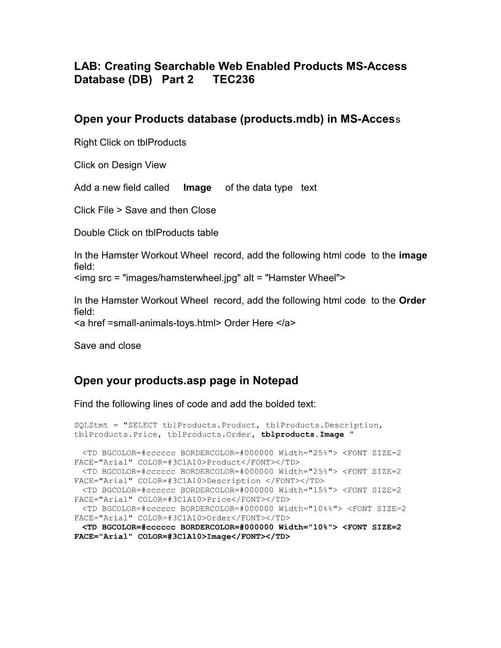 LAB: Creating Searchable Web Enabled Products MS-Access Database (DB) Part 2 TEC236