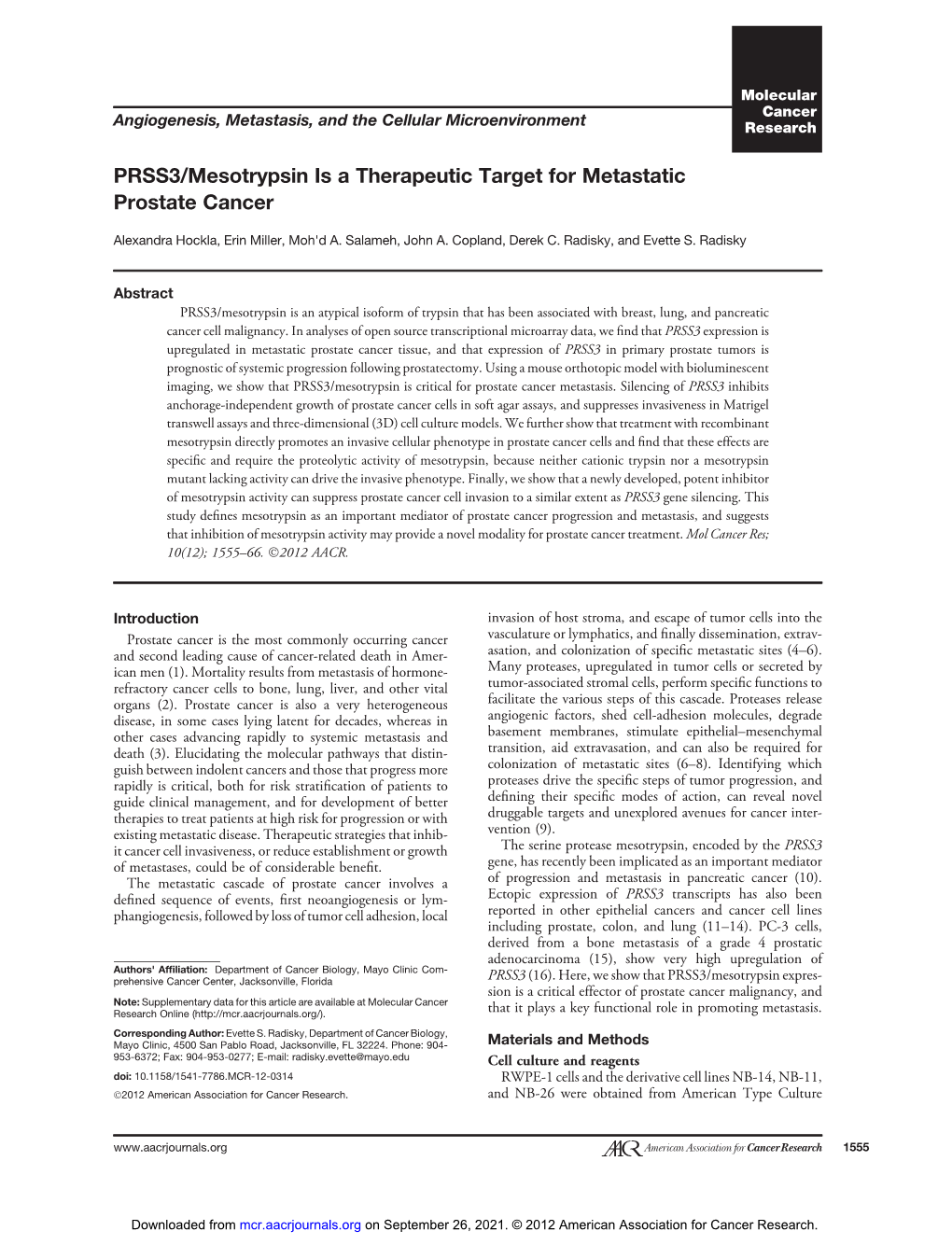 PRSS3/Mesotrypsin Is a Therapeutic Target for Metastatic Prostate Cancer