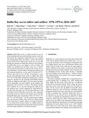Baffin Bay Sea Ice Inflow and Outflow: 1978–1979 to 2016–2017