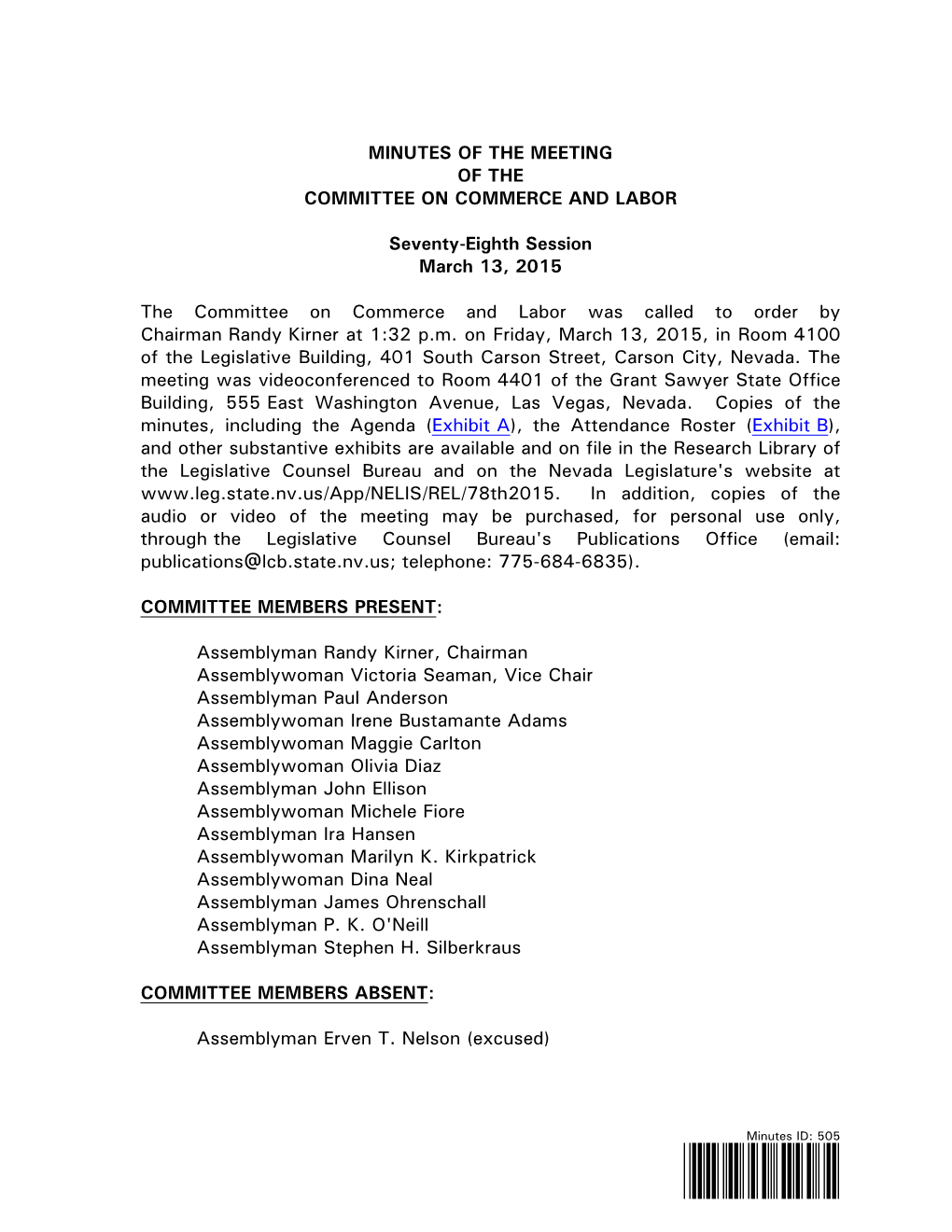 Committee on Commerce and Labor-March 13, 2015