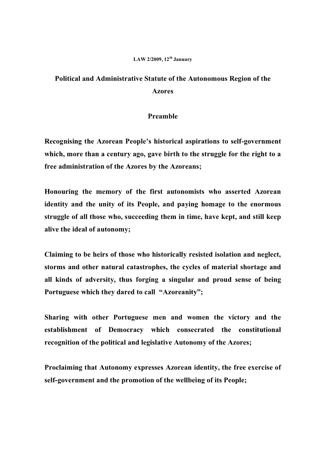 Political and Administrative Statute of the Autonomous Region of the Azores