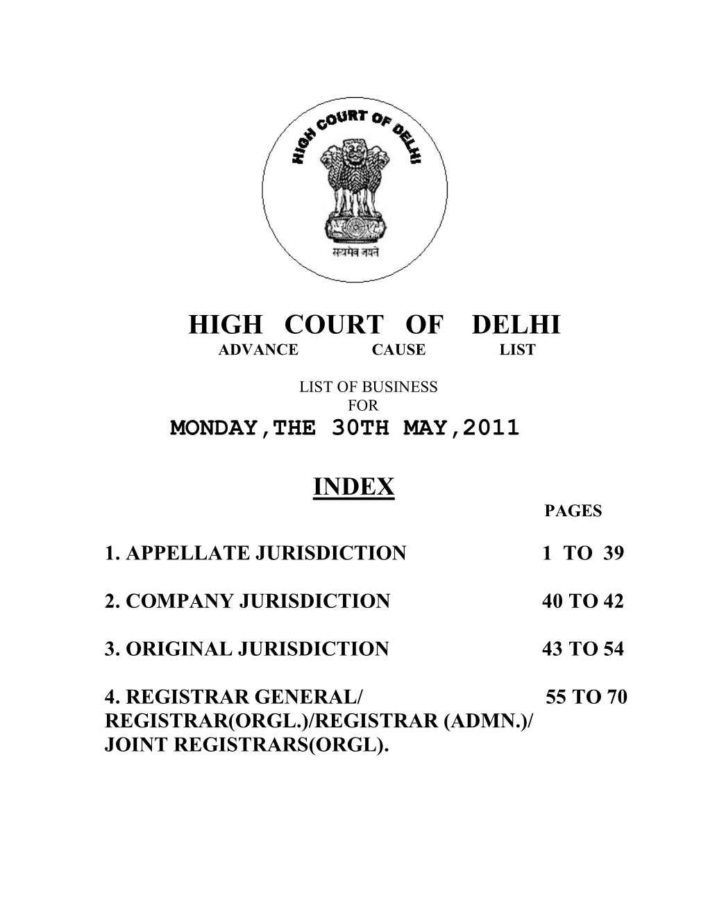 High Court of Delhi Advance Cause List