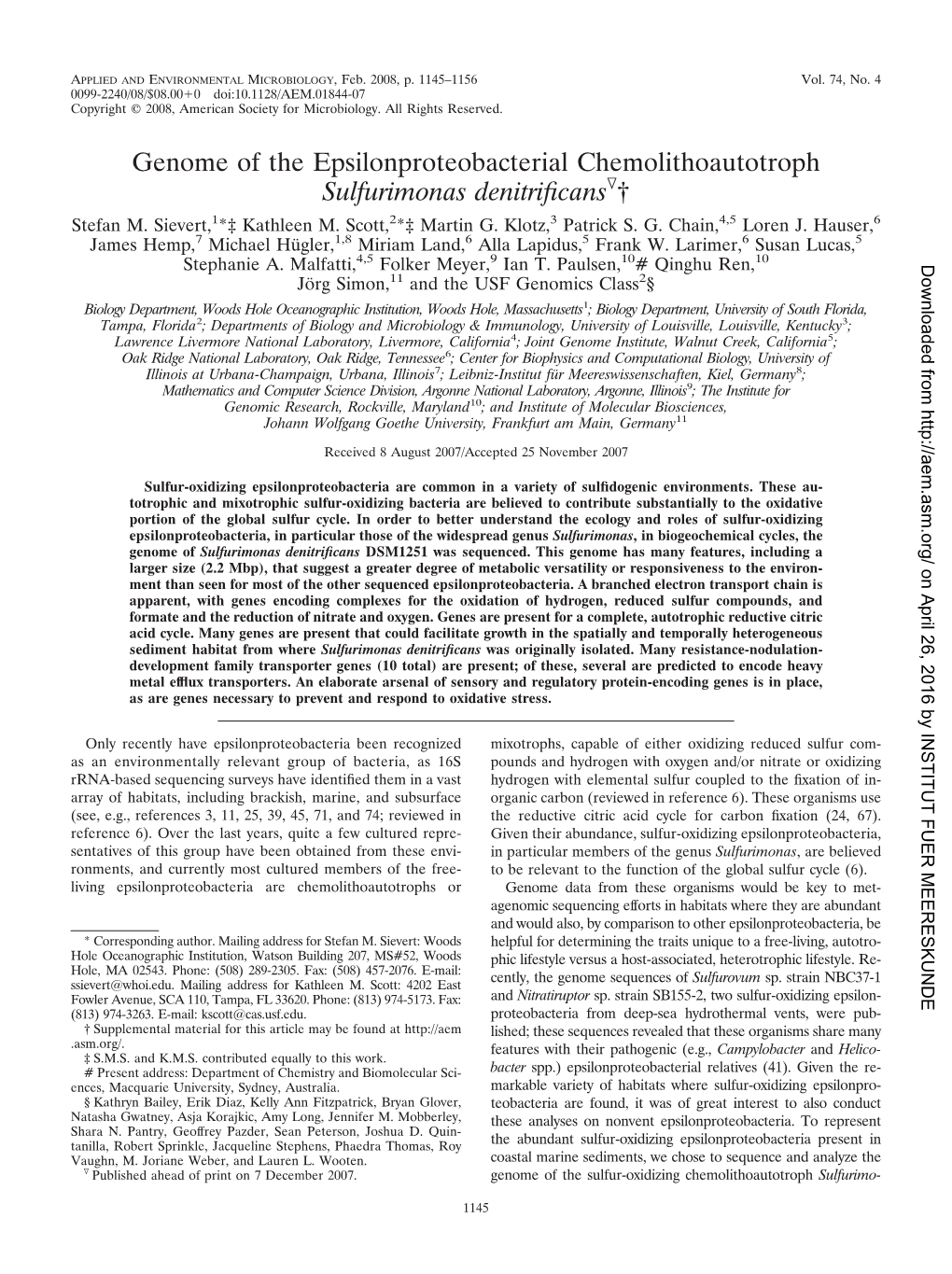 Genome of the Epsilonproteobacterial Chemolithoautotroph Sulfurimonas Denitriﬁcansᰔ† Stefan M