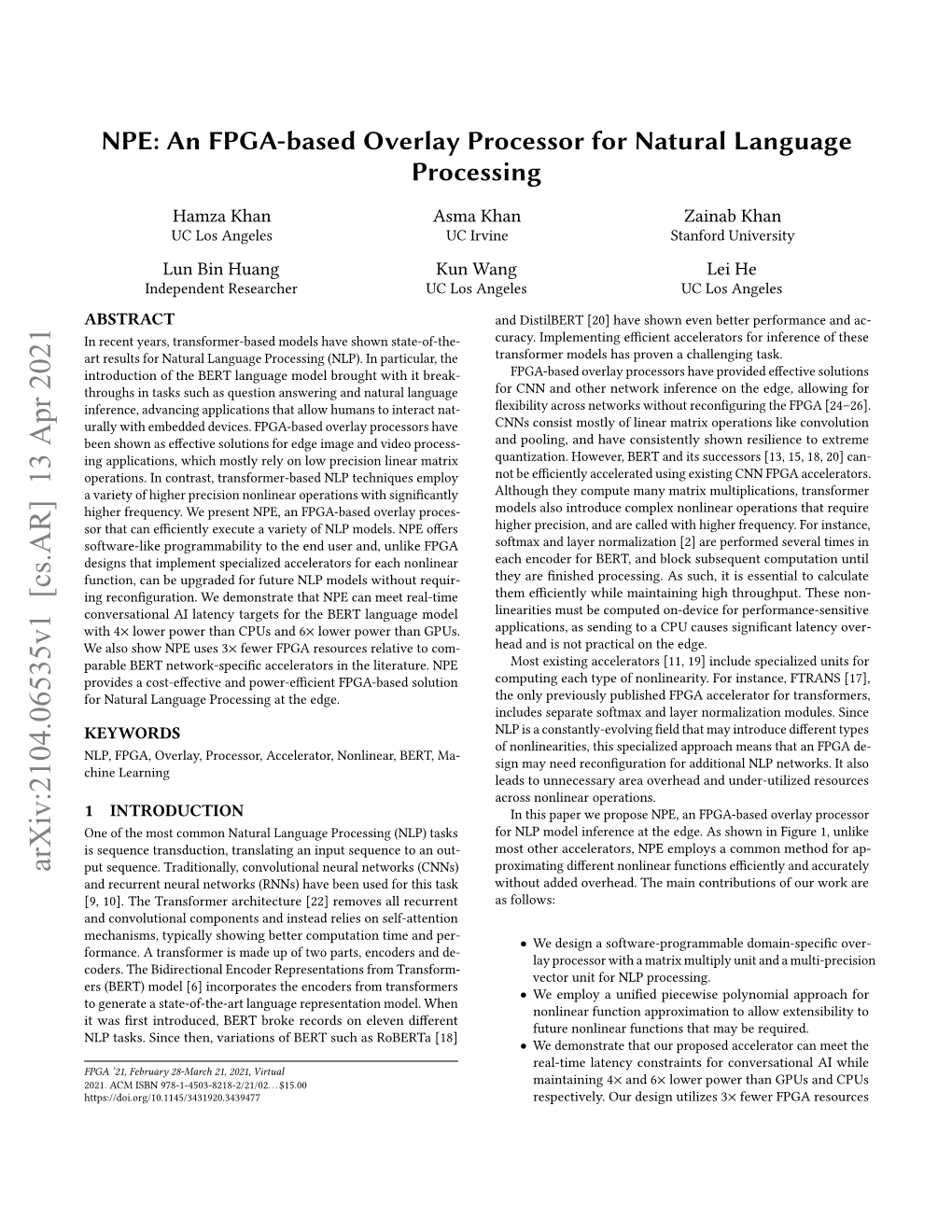 An FPGA-Based Overlay Processor for Natural Language Processing