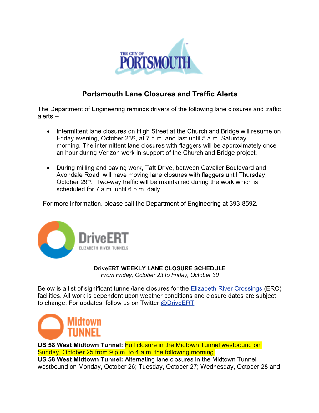 Portsmouth Lane Closures and Traffic Alerts