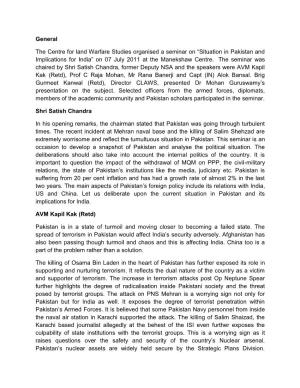 Situation in Pakistan and Implications for India” on 07 July 2011 at the Manekshaw Centre