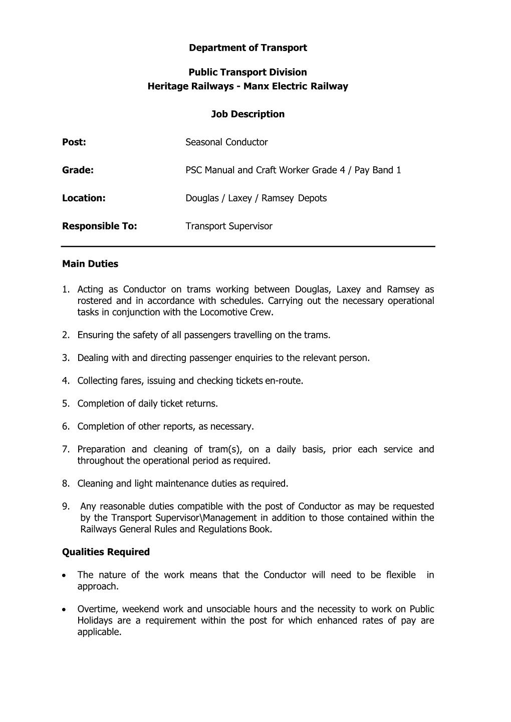 Manx Electric Railway Job Description Post