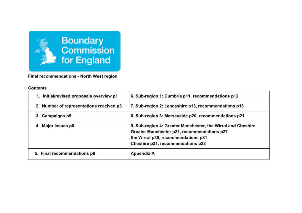 Final Recommendations - North West Region