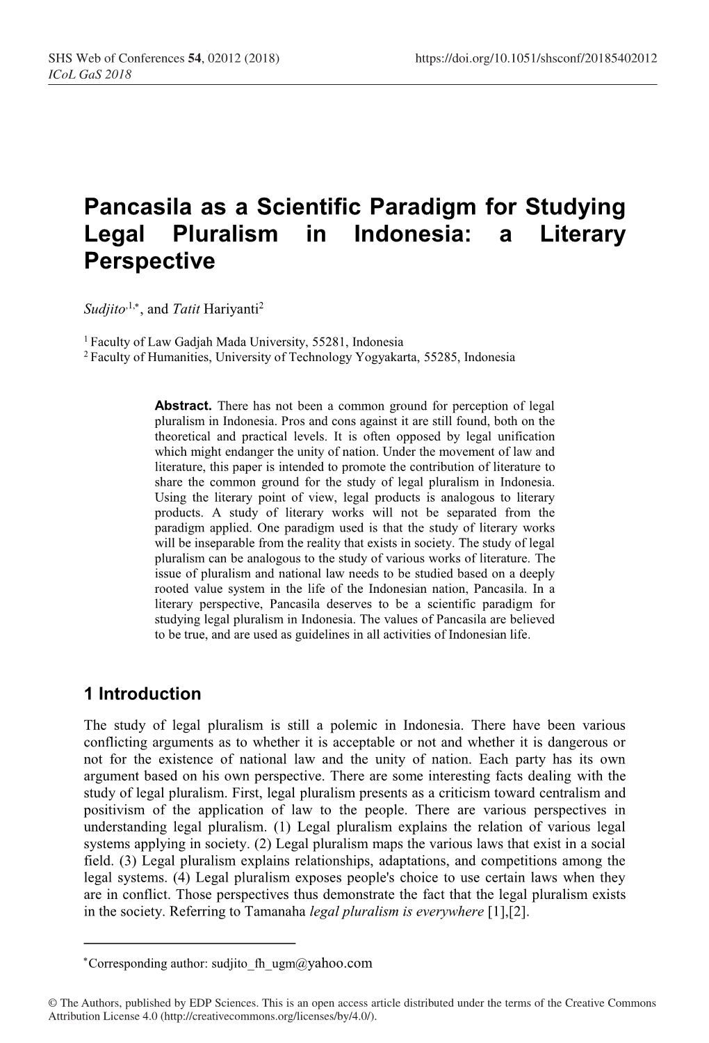 Pancasila As a Scientific Paradigm for Studying Legal Pluralism in Indonesia: a Literary Perspective