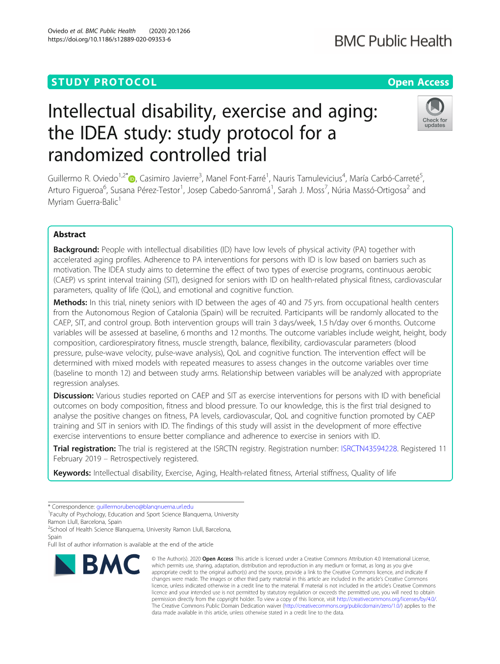 Intellectual Disability, Exercise and Aging: the IDEA Study: Study Protocol for a Randomized Controlled Trial Guillermo R