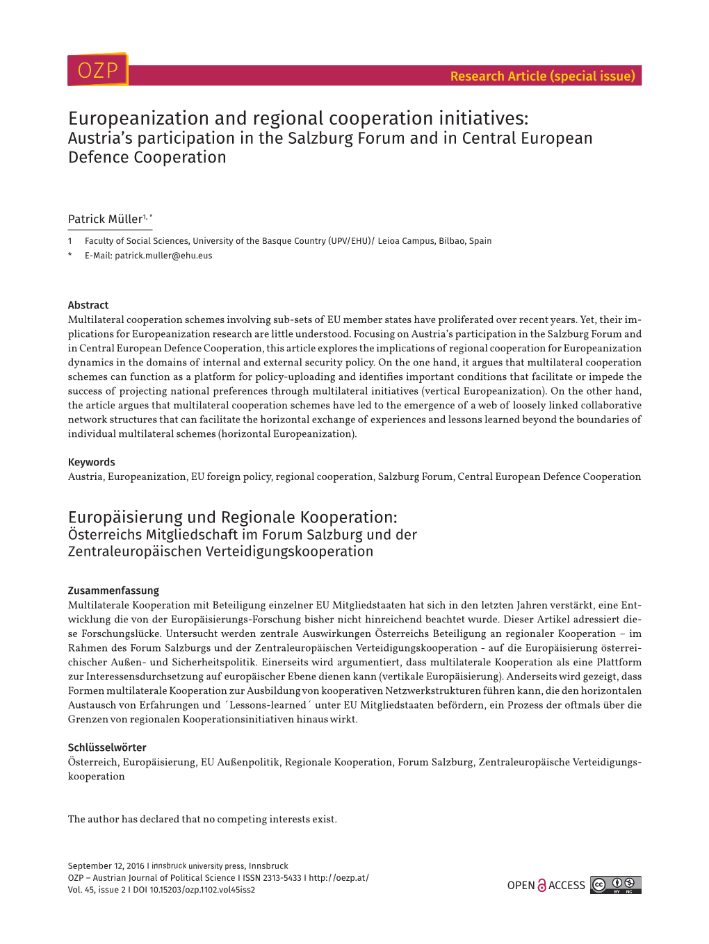 Europeanization and Regional Cooperation Initiatives: Austria’S Participation in the Salzburg Forum and in Central European Defence Cooperation