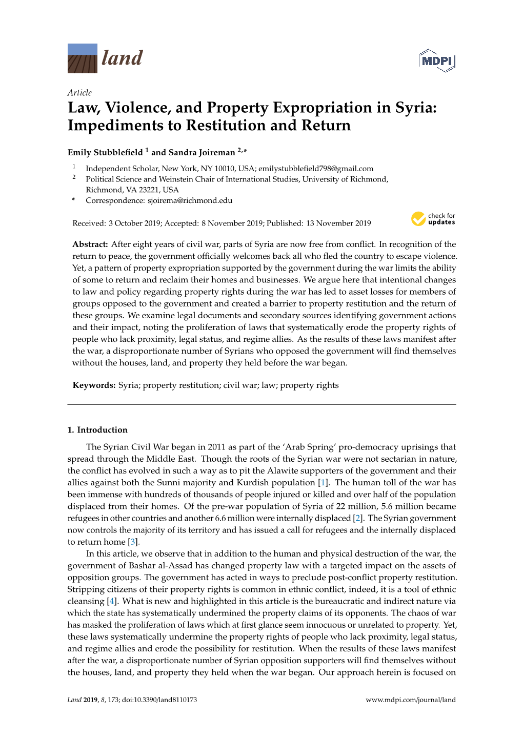 Law, Violence, and Property Expropriation in Syria: Impediments to Restitution and Return