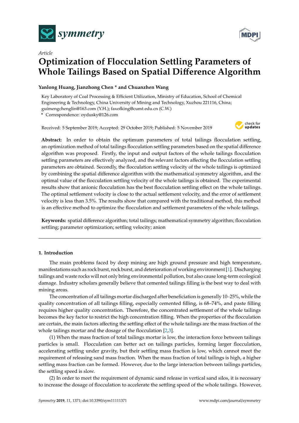 Optimization of Flocculation Settling Parameters of Whole Tailings Based on Spatial Diﬀerence Algorithm