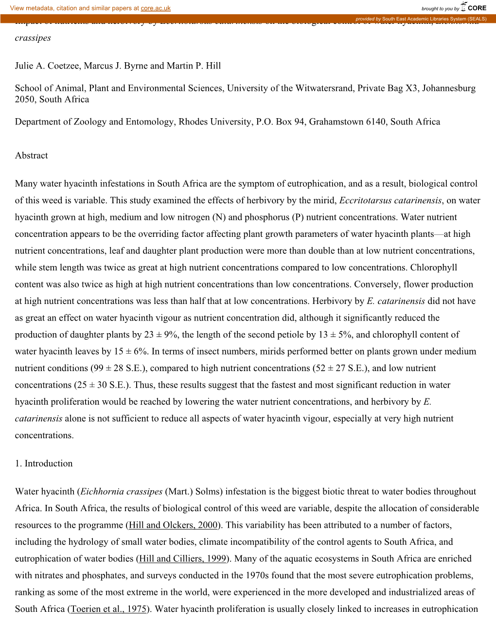 Impact of Nutrients and Herbivory by Eccritotarsus Catarinensis on the Biological Control of Water Hyacinth, Eichhornia Crassipe