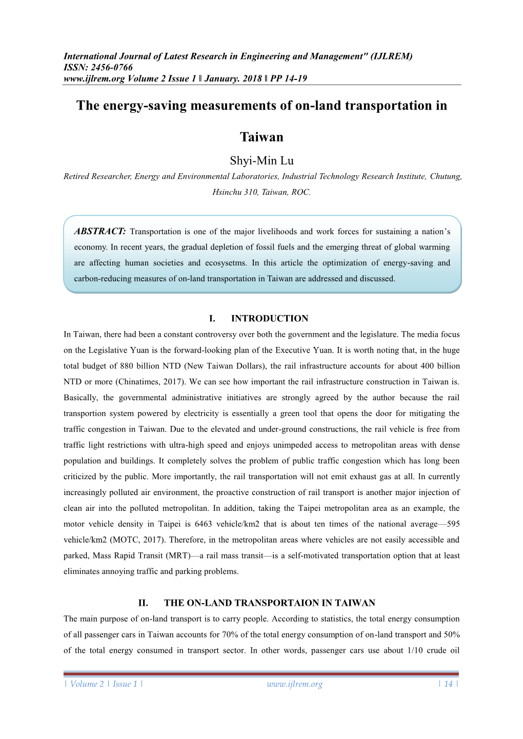 The Energy-Saving Measurements of On-Land Transportation in Taiwan