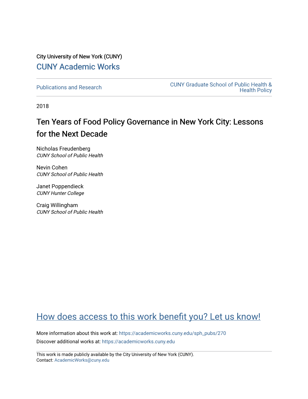 Ten Years of Food Policy Governance in New York City: Lessons for the Next Decade
