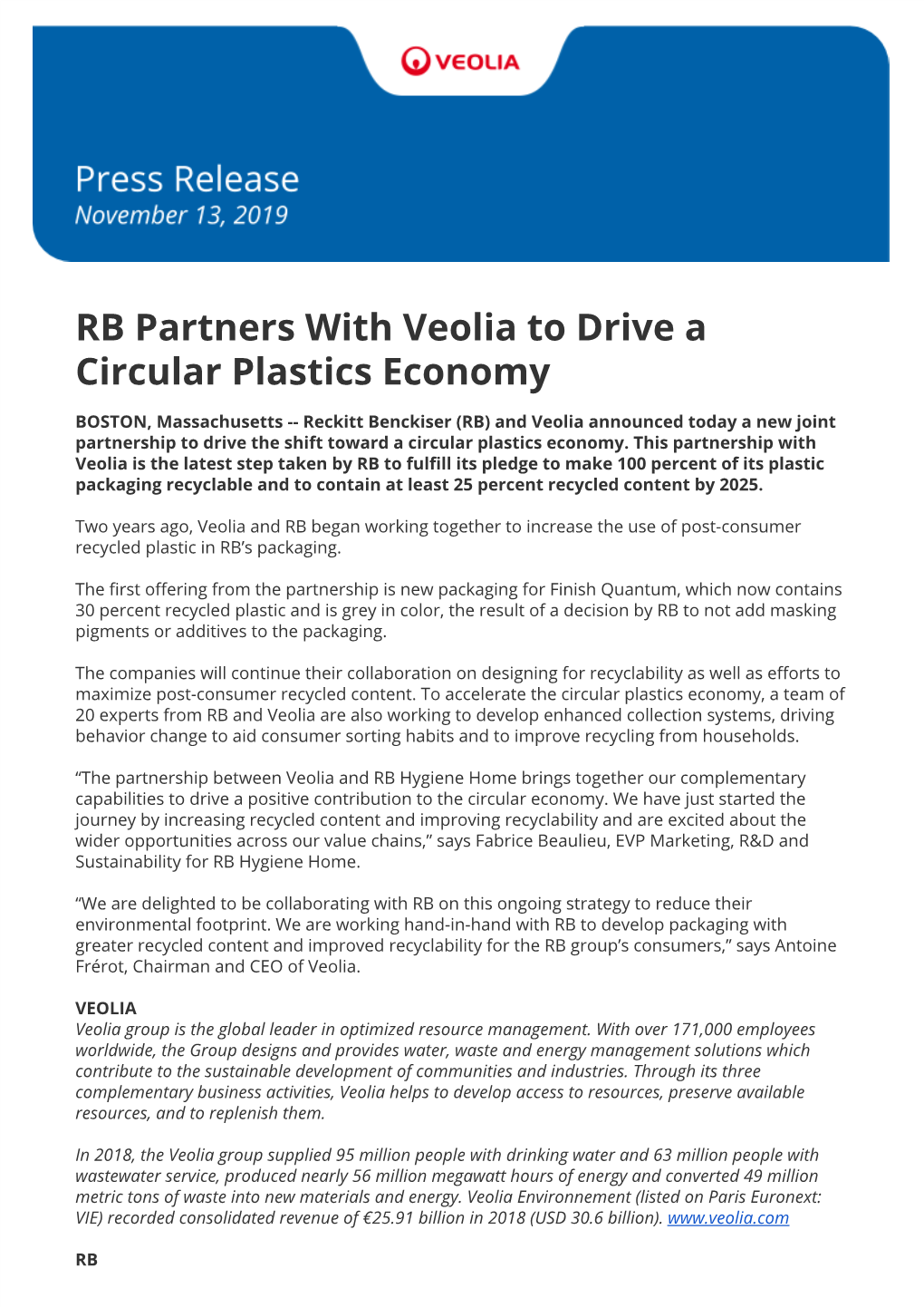 RB Partners with Veolia to Drive a Circular Plastics Economy