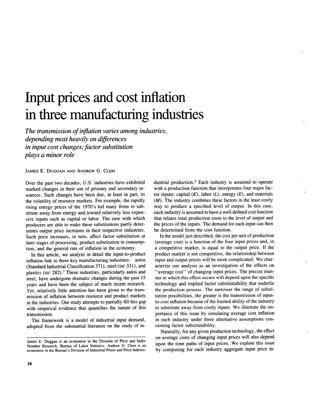 Input Prices and Cost Inflation in Three Manufacturing Industries