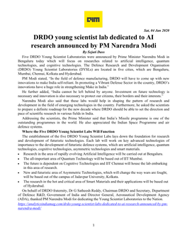 DRDO Young Scientist Lab Dedicated to AI Research Announced by PM