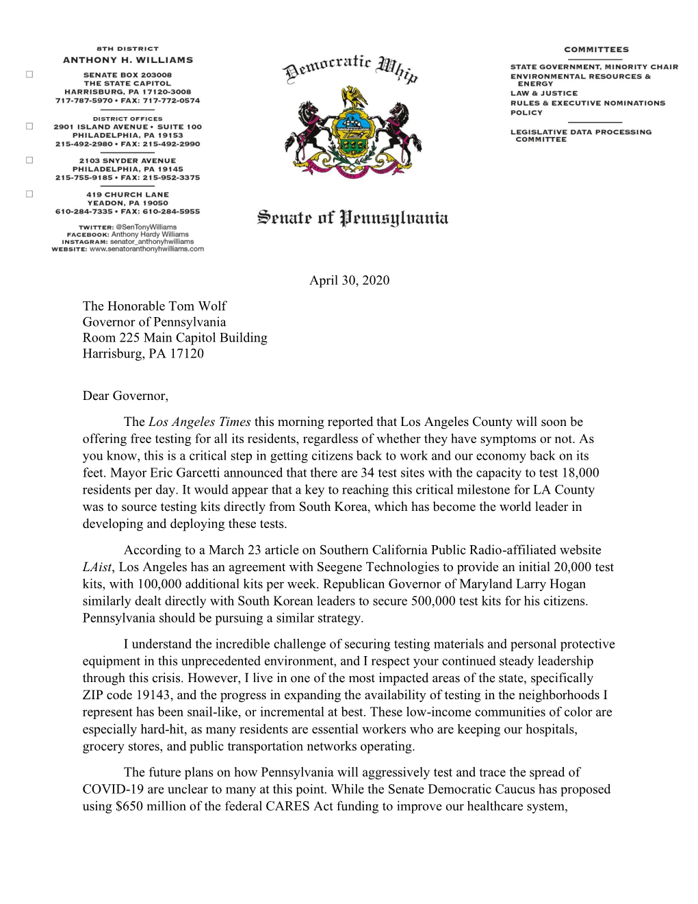 Letter to Governor Tom Wolf