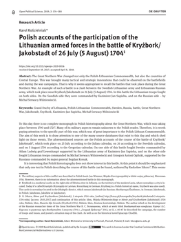 Polish Accounts of the Participation of the Lithuanian Armed Forces in the Battle of Kryżbork/ Jakobstadt of 26 July (5 August) 17041