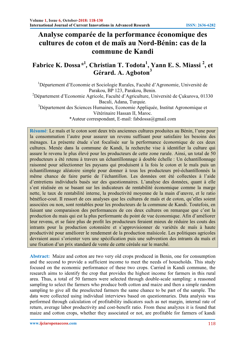 Analyse Comparée De La Performance Économique Des Cultures De Coton Et De Maïs Au Nord-Bénin: Cas De La Commune De Kandi