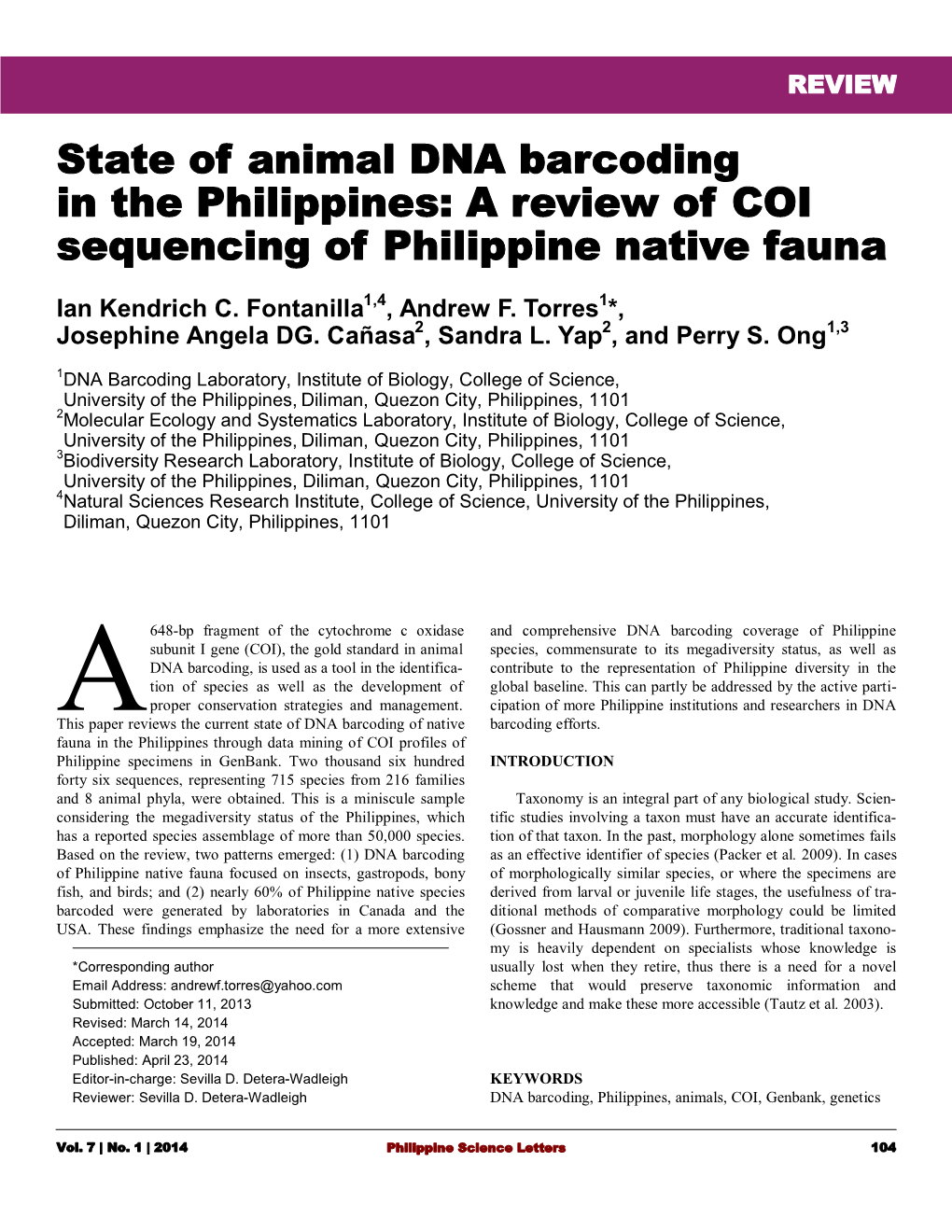 State of Animal DNA Barcoding in the Philippines: a Review of COI Sequencing of Philippine Native Fauna